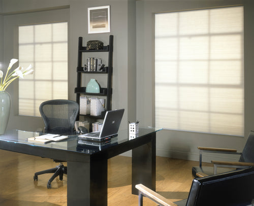 Cream light filtering cellular shades lowered over two home office windows