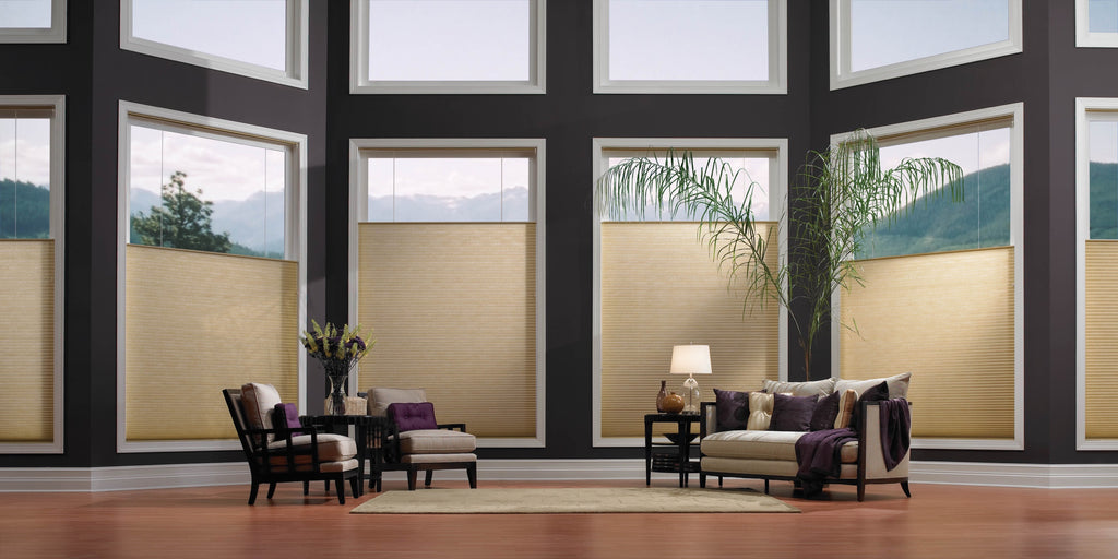 Honey toned cellular shades across a wall of living room windows